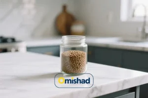 شیشه شفاف پر از عدس ریز کانادایی بسته 900 گرمی امیشاد روی میز سنگ مرمر آشپزخانه مدرن.