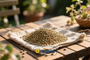 توده عدس درشت خارجی کانادایی بسته 900 گرمی تازه روی پارچه کنفی سفید بر میز چوبی در فضای باز با نور طبیعی.