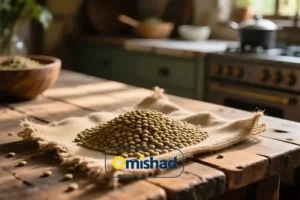 توده عدس درشت خارجی کانادایی عمده 5 کیلویی امیشاد روی پارچه کنفی بر میز چوبی آشپزخانه سنتی با نور طبیعی.