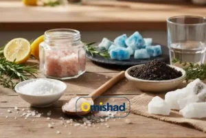 نمک سفید، صورتی، آبی و سیاه امیشاد در ظروف چوبی و سرامیکی روی میز چوبی با لیمو و سبزی معطر.