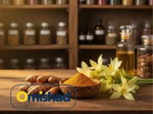 زردچوبه قلم هندی و پودر زردچوبه امیشاد در کاسه چوبی کنار گل‌های زرد و بطری روغن طبیعی در عطاری سنتی.