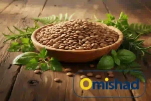 کاسه چوبی پر از عدس قهوه‌ای روسی امیشاد روی میز چوبی با برگ‌های سبز تازه و نور طبیعی گرم .