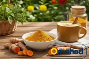 پودر و ریشه زردچوبه امیشاد با نوشیدنی شیر طلایی و چوب دارچین