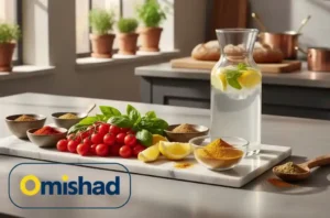 خواص زردچوبه طلای کهن با زردچوبه امیشاد با سبزی تازه، گوجه و لیمو در آشپزخانه مدرن
