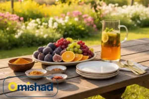 زردچوبه امیشاد با میوه‌های تازه و نوشیدنی سرد لیمو نعنا در فضای باز
