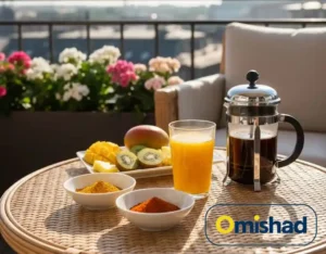 زردچوبه و ادویه امیشاد با میوه‌های تازه و نوشیدنی روی بالکن