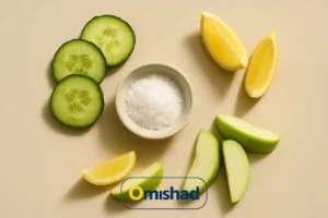 نمک تصفیه شده یددار 700 گرمی عمده 5 کاسه سرامیکی پر از دانههای سفید نمک تصفیهشده یددار امیشاد در میان برشهای کیوی، پرتقال، خیار.