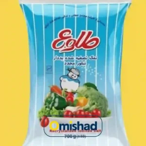 بسته آبی و سفید نمک تصفیه‌شده یددار امیشاد با پس‌زمینه زرد و تصویر سبزیجات تازه در پایین بسته ,