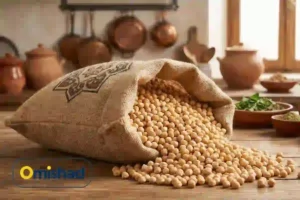 نخود کرمانشاه دوخان عمده 30 کیلویی 2 کیسه پارچهای نخود کرمانشاه دوخان عمده 30 کیلویی که دانههای نخود از آن روی میز چوبی ریخته شدهاند در فضای سنتی آشپزخانه.