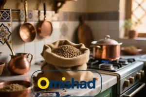 کیسه پارچه‌ای پر از عدس سبز اردبیل امیشاد روی گاز آشپزخانه سنتی با ظروف مسی و نور طبیعی پنجره.