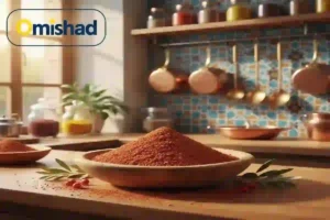 سماق قهوه ای عزیز اعلا عمده ۴۰ کیلویی امیشاد در ظرف چوبی روی میز آشپزخانه سنتی ایرانی با پس‌زمینه کاشی آبی و ظروف مسی.