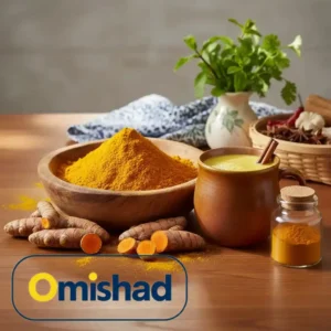 پودر و ریشه زردچوبه امیشاد همراه نوشیدنی شیر طلایی