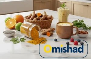 زردچوبه و عسل امیشاد همراه میوه‌های تازه و نوشیدنی کرکی