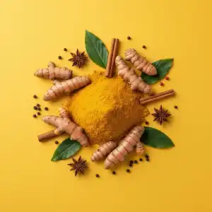 پودر زردچوبه با ریشه تازه و دارچین