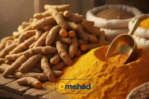 دانشنامه زردچوبه 5 زردچوبه قلم تازه و پودر زردچوبه نرم امیشاد روی میز چوبی با بیلچی فلزی و کیسههای ادویه در پسزمینه.