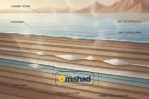 نمای گرافیکی از شکل‌گیری لایه‌های نمک در بستر اقیانوس‌های باستانی با فرآیند تبخیر و تبلور، همراه با برچسب Omishad .