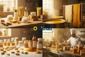 دانشنامه زردچوبه 8 نمای ترکیبی از کاربردهای زردچوبه امیشاد در صنایع آرایشی، غذایی، دارویی و رنگرزی طبیعی با نور گرم کارگاهی.