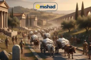 کاروان تاریخی حمل کیسه‌های نمک با ارابه و گاو در جاده سنگفرش امپراتوری روم باستان .