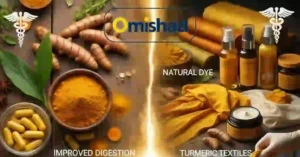 دانشنامه زردچوبه 6 ترکیب هنری از پودر زردچوبه امیشاد با محصولات دارویی و صنعتی شامل کپسول، پارچه و کرم طبیعی.