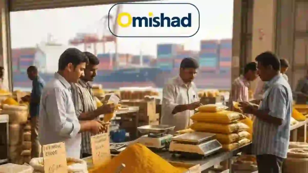 خرید و قیمت زردچوبه عمدهفروش و بسته‌بندی زردچوبه عمده امیشاد در بازار بندری با پس‌زمینه کانتینرهای صادراتی.