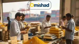 خرید و قیمت زردچوبه عمدهفروش و بسته‌بندی زردچوبه عمده امیشاد در بازار بندری با پس‌زمینه کانتینرهای صادراتی.