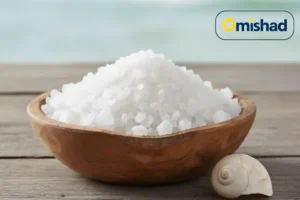 کاسه چوبی پر از دانه‌های درشت نمک دریایی امیشاد در کنار صدف سفید روی میز چوبی.