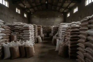 تجارتخانه عدس 2 کیسههای بزرگ عدس دستهبندیشده در انبار خشک و صنعتی با چیدمان منظم.