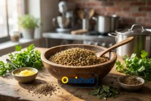 تجارتخانه عدس 4 کاسه چوبی حاوی انواع عدس قرمز دال، قهوهای، سیاه بلوگا، زرد و سبز در محیط آشپزی حرفهای.