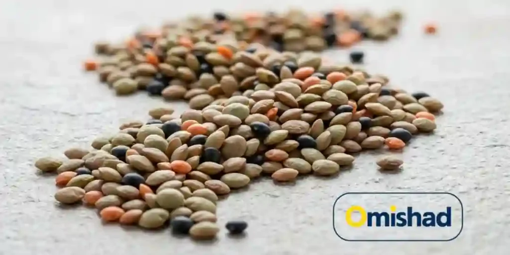 پخش شدن دانه‌های عدس با رنگ‌های طبیعی روی سطح روشن با نشان برند امیشاد.