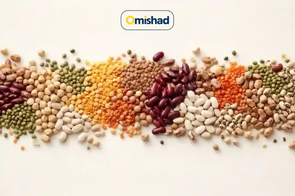 مجموعه‌ای از حبوبات متنوع شامل نخود، عدس، لوبیا و لپه با رنگ و دانه‌بندی یکنواخت.