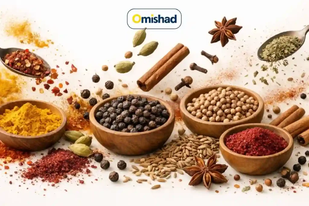 مجموعه‌ای از ادویه‌های متنوع شامل زردچوبه، فلفل سیاه، دارچین و ادویه‌های ترکیبی تازه.